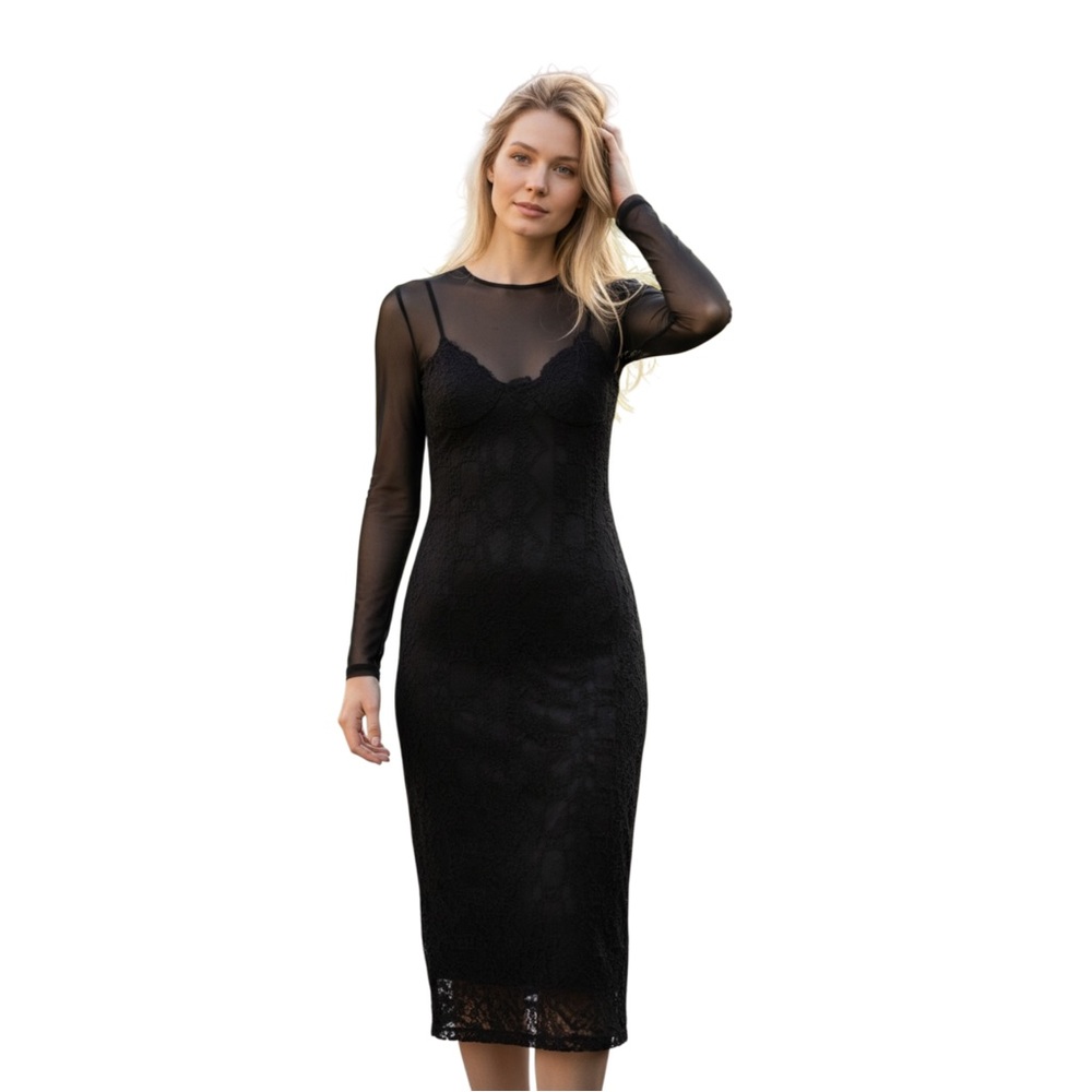BARDOT Nicolette Long Sleeve‎ Lace Midi Dress, Crotchet Lace, Black, Size S/4